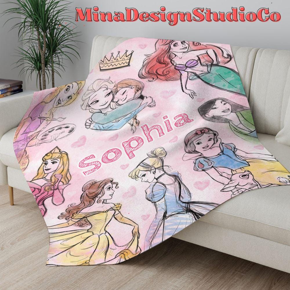 Personalized Watercolor Disney Princess Blanket, Princess Birthday Girl Gift Home Decoration, Cinderella Rapunzel Sketch Baby Girl Blanket