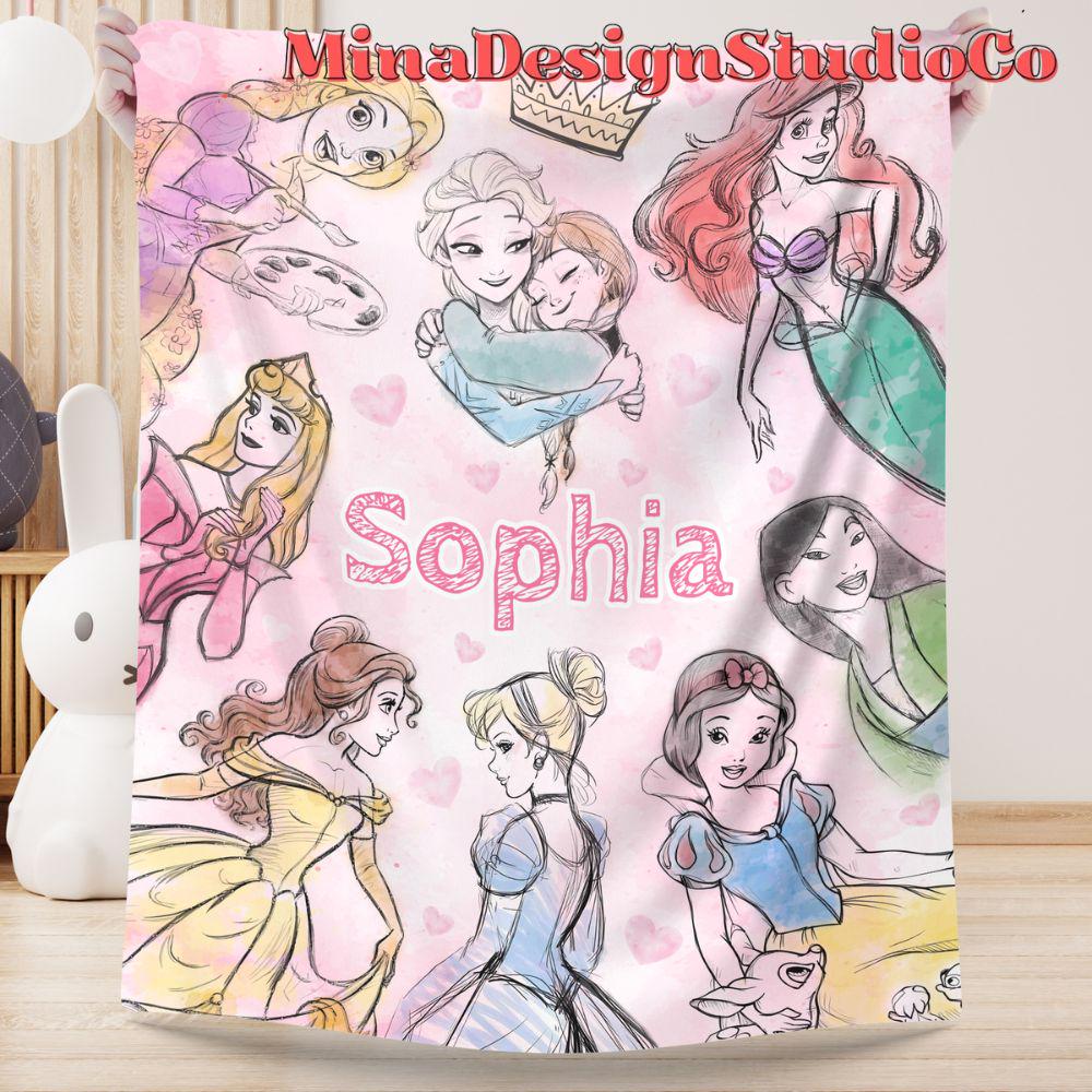 Personalized Watercolor Disney Princess Blanket, Princess Birthday Girl Gift Home Decoration, Cinderella Rapunzel Sketch Baby Girl Blanket