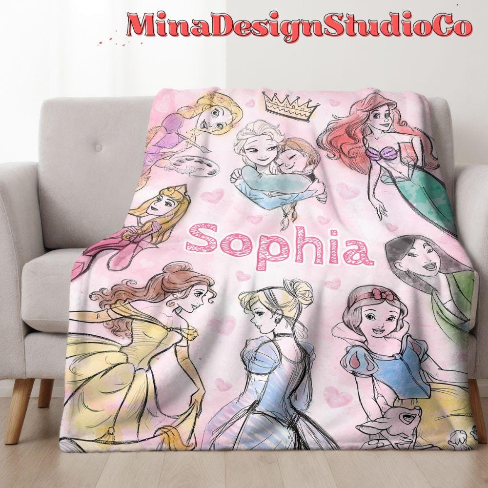 Personalized Watercolor Disney Princess Blanket, Princess Birthday Girl Gift Home Decoration, Cinderella Rapunzel Sketch Baby Girl Blanket