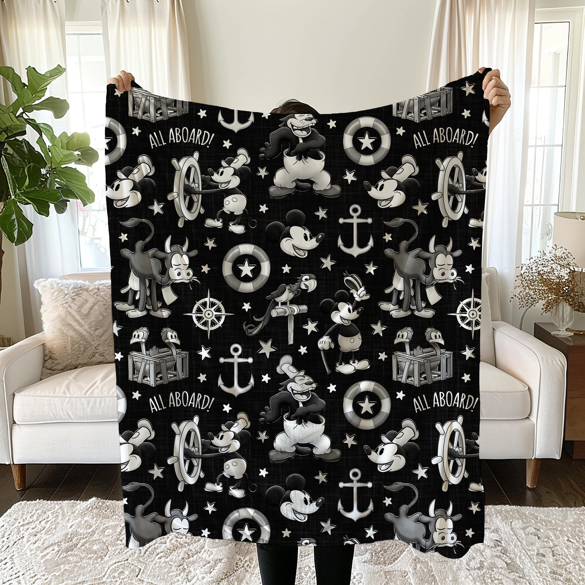 Vintage Mickey Steamboat Willie Velveteen Blanket, Disney Throw, Cozy Black and White Two-sided Print Mickey Blanket for Kids Bedroom Decor,