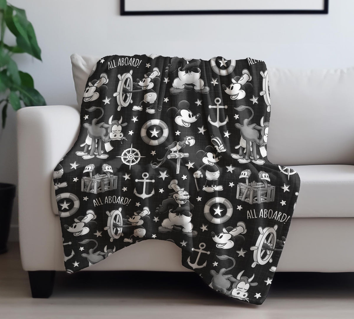 Vintage Mickey Steamboat Willie Velveteen Blanket, Disney Throw, Cozy Black and White Two-sided Print Mickey Blanket for Kids Bedroom Decor,