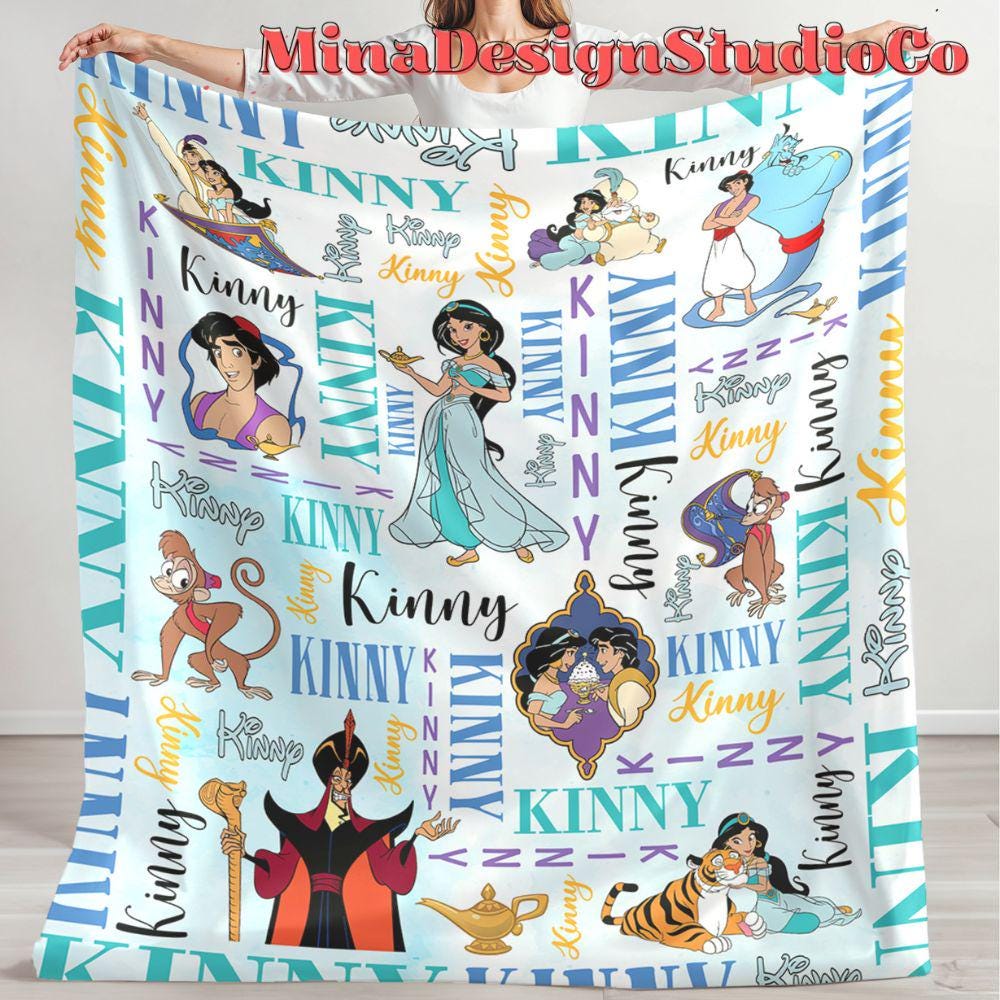 Personalized Watercolor Disney Aladdin Blanket, Disney Princess Jasmine Blanket, Aladdin Genie Jafar Birthday Girl Birthday Boy Home Decor