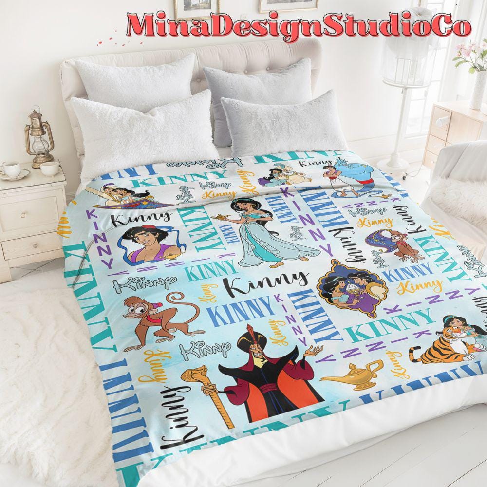 Personalized Watercolor Disney Aladdin Blanket, Disney Princess Jasmine Blanket, Aladdin Genie Jafar Birthday Girl Birthday Boy Home Decor