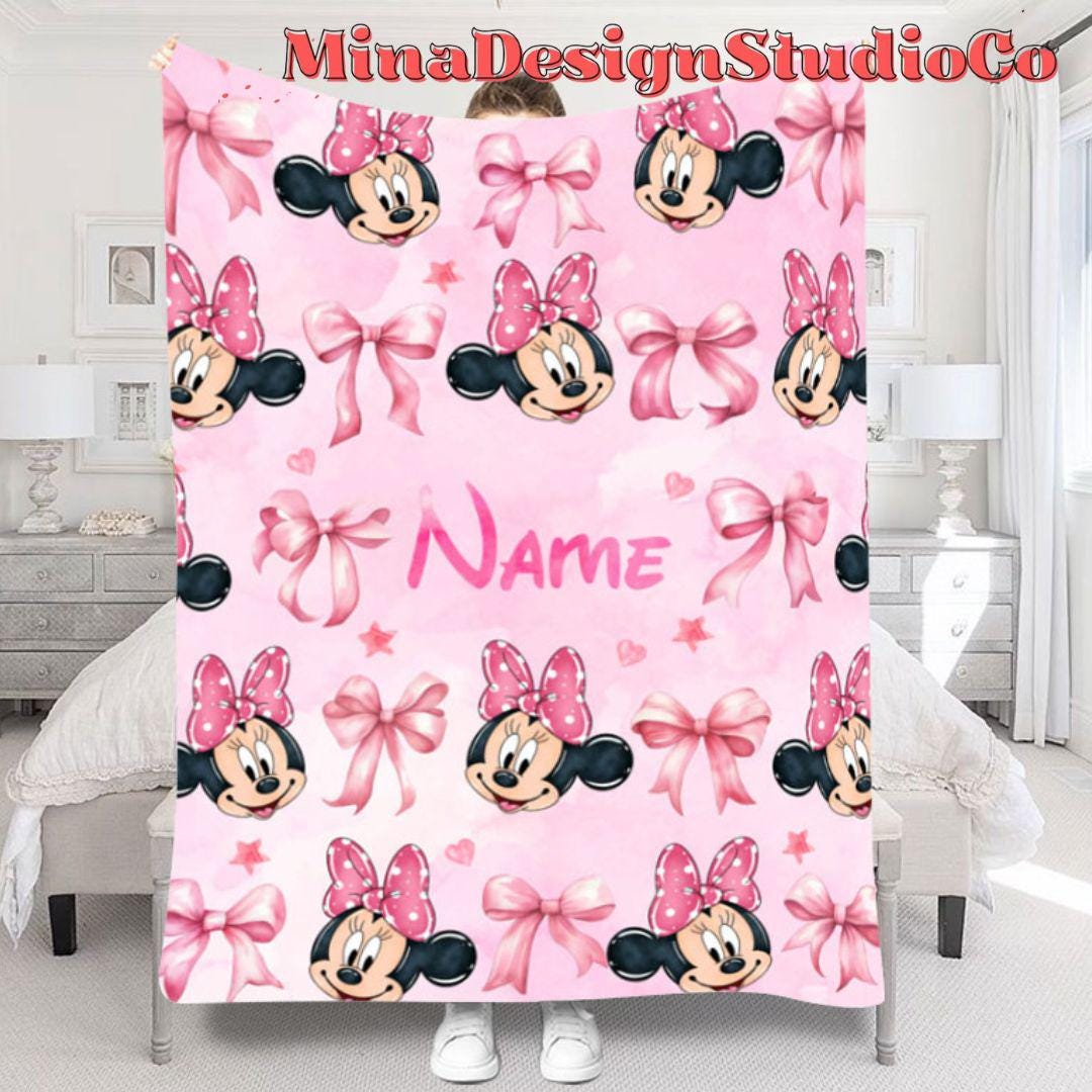 Personalized Watercolor Pink Coquette Bows Disney Minnie Daisy Blanket, Birthday Girl Gift Home Decor, Baby Girl Blanket, Minnie Mouse Gifts