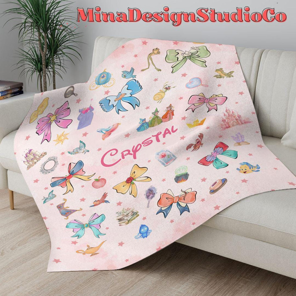 Personalized Coquette Bows Disney Princess Blanket, Watercolor Princess Birthday Girl Gift Home Decoration, Custom Name Baby Girl Blanket