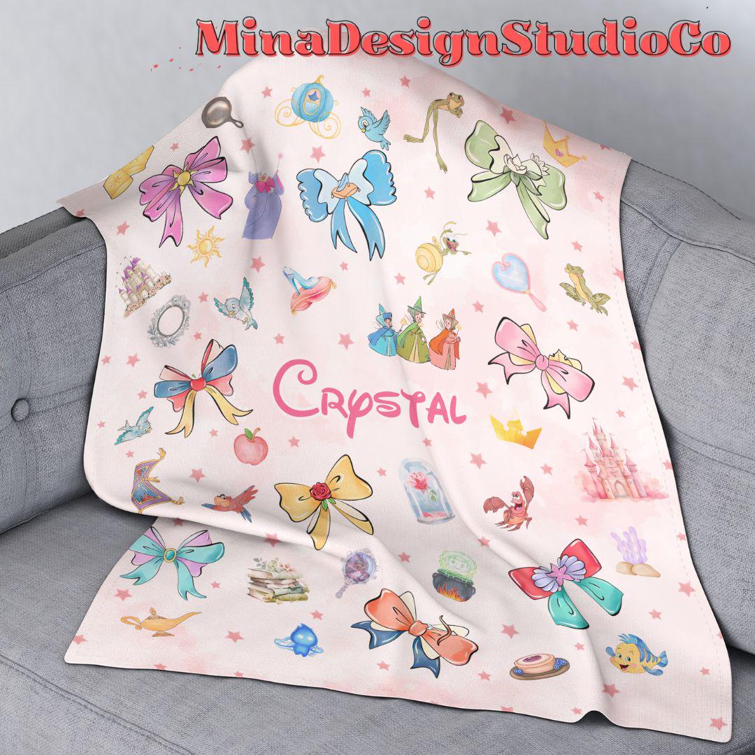 Personalized Coquette Bows Disney Princess Blanket, Watercolor Princess Birthday Girl Gift Home Decoration, Custom Name Baby Girl Blanket