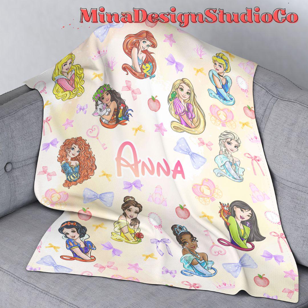 Personalized Coquette Bows Disney Princess Blanket, Watercolor Princess Birthday Girl Gift Home Decor, Cinderella Belle Baby Girl Blanket