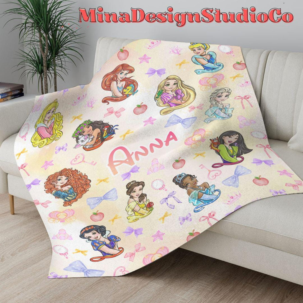 Personalized Coquette Bows Disney Princess Blanket, Watercolor Princess Birthday Girl Gift Home Decor, Cinderella Belle Baby Girl Blanket