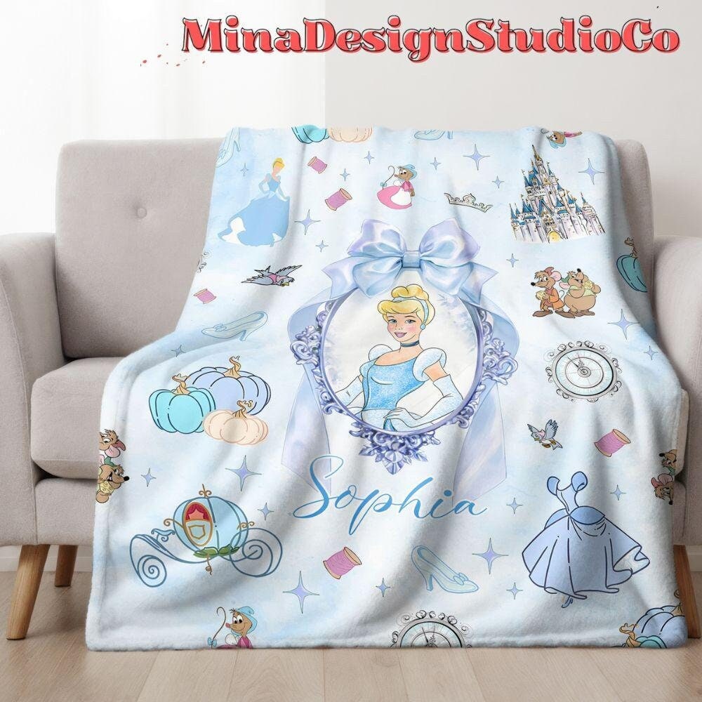 Personalized Watercolor Coquette Bows Disney Princess Blanket, Cinderella Rapunzel Belle Princess Birthday Girl Home Decor Baby Girl Blanket