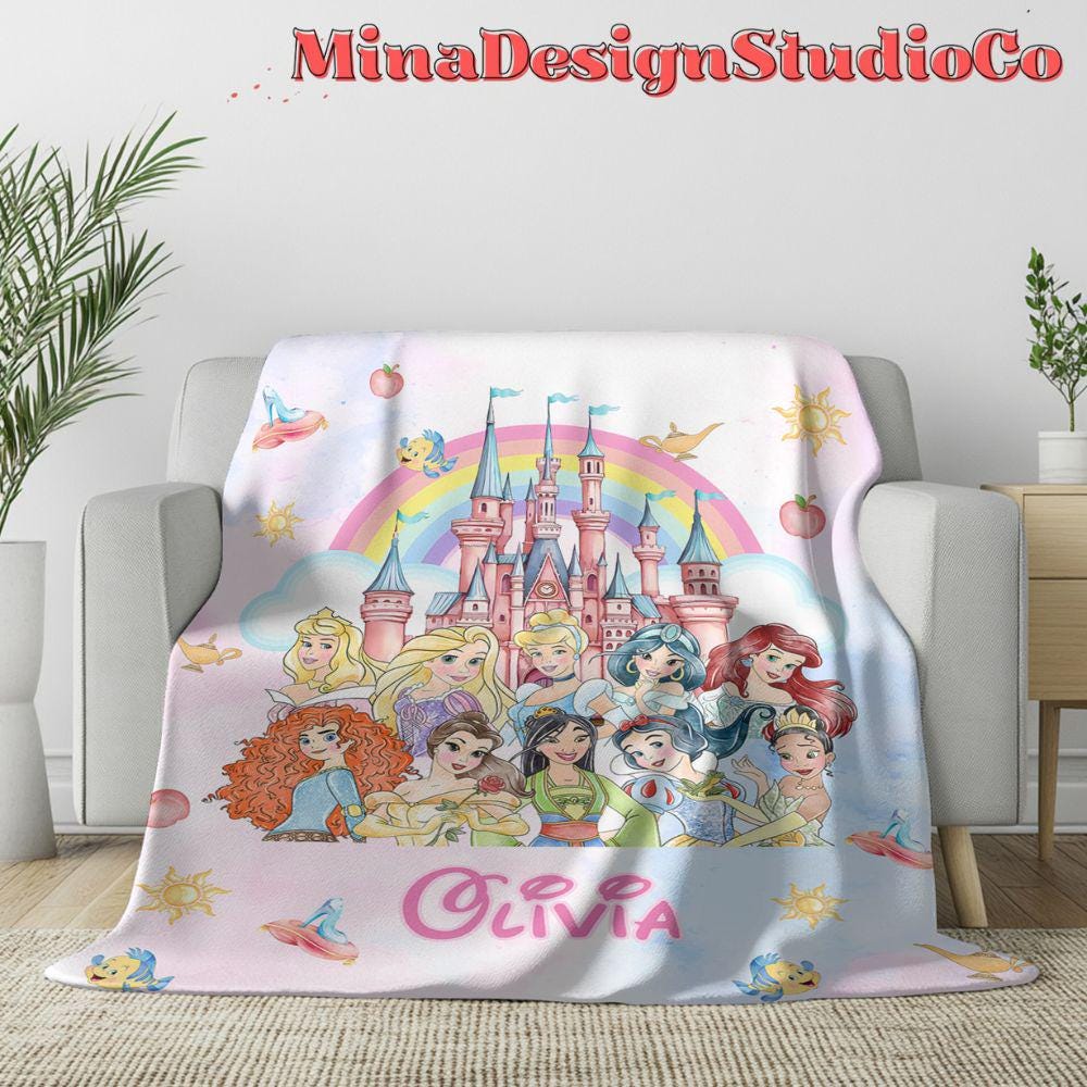 Personalized Disney Princess Blanket, Watercolor Disney Castle Princess Birthday Girl Gift Home Decor, Cinderella Rapunzel Baby Girl Blanket