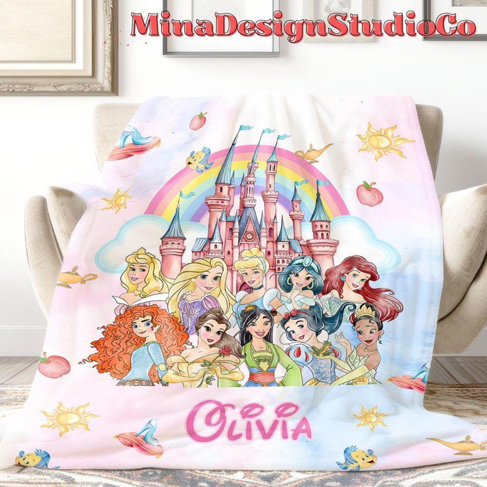 Personalized Disney Princess Blanket, Watercolor Disney Castle Princess Birthday Girl Gift Home Decor, Cinderella Rapunzel Baby Girl Blanket