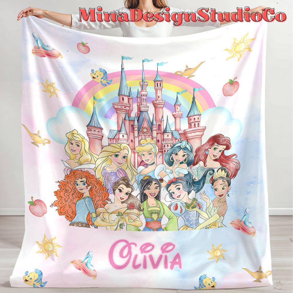 Personalized Disney Princess Blanket, Watercolor Disney Castle Princess Birthday Girl Gift Home Decor, Cinderella Rapunzel Baby Girl Blanket