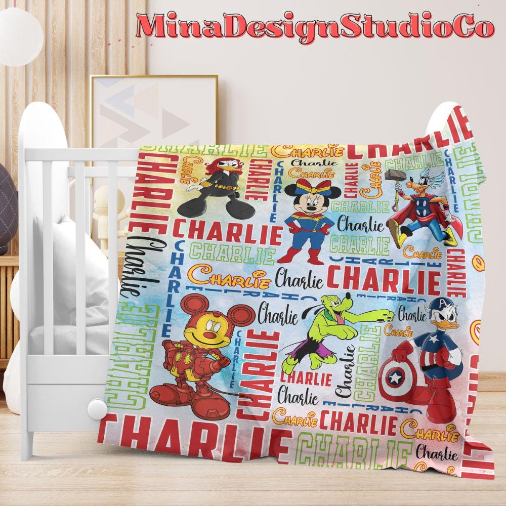 Personalized Watercolor Mickey & Friends Cosplay Superheroes Disney Blanket, Marvel Avengers Spiderman Birthday Boy Birthday Girl Home Decor