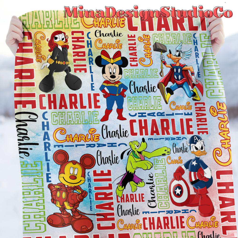 Personalized Watercolor Mickey & Friends Cosplay Superheroes Disney Blanket, Marvel Avengers Spiderman Birthday Boy Birthday Girl Home Decor