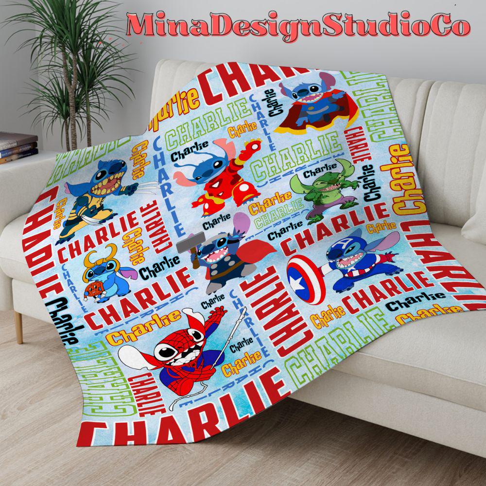 Personalized Watercolor Stitch Cosplay Superheroes Disney Blanket, Marvel Avengers Spiderman Iron Man Birthday Boy Birthday Girl Home Decor