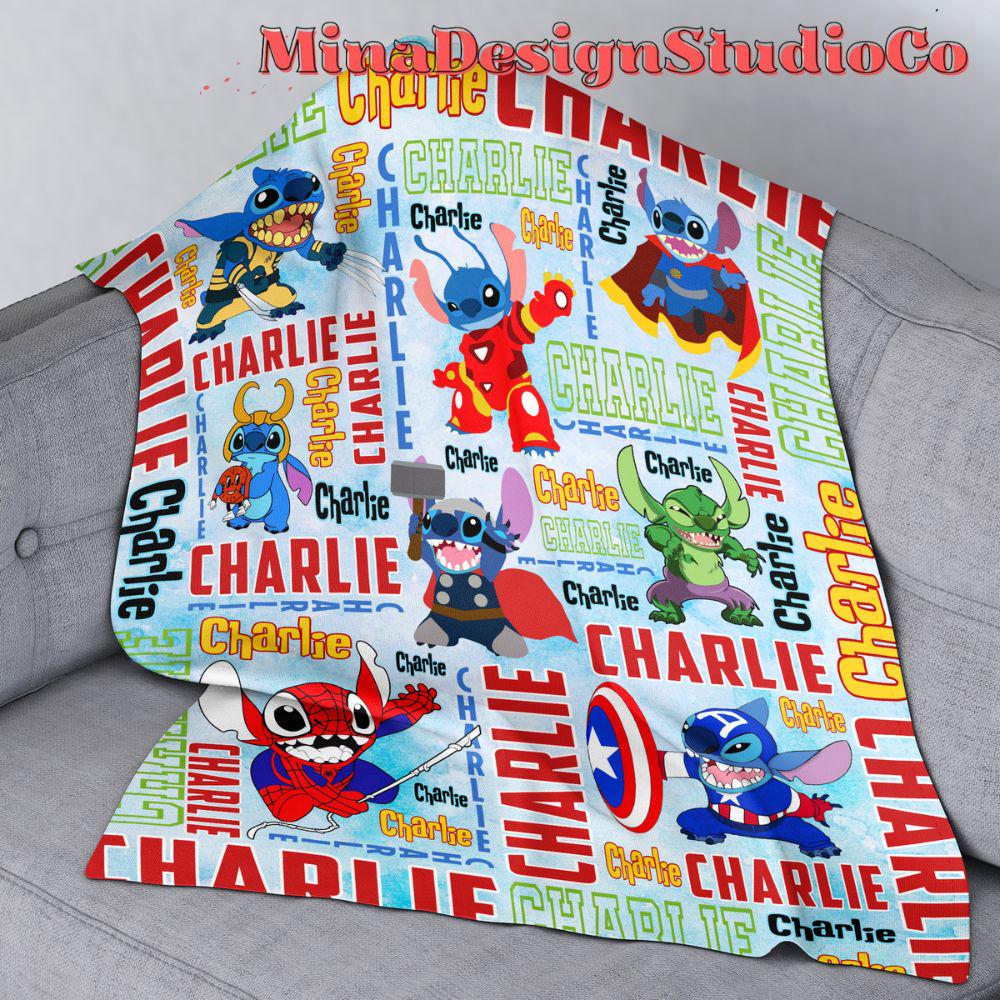 Personalized Watercolor Stitch Cosplay Superheroes Disney Blanket, Marvel Avengers Spiderman Iron Man Birthday Boy Birthday Girl Home Decor