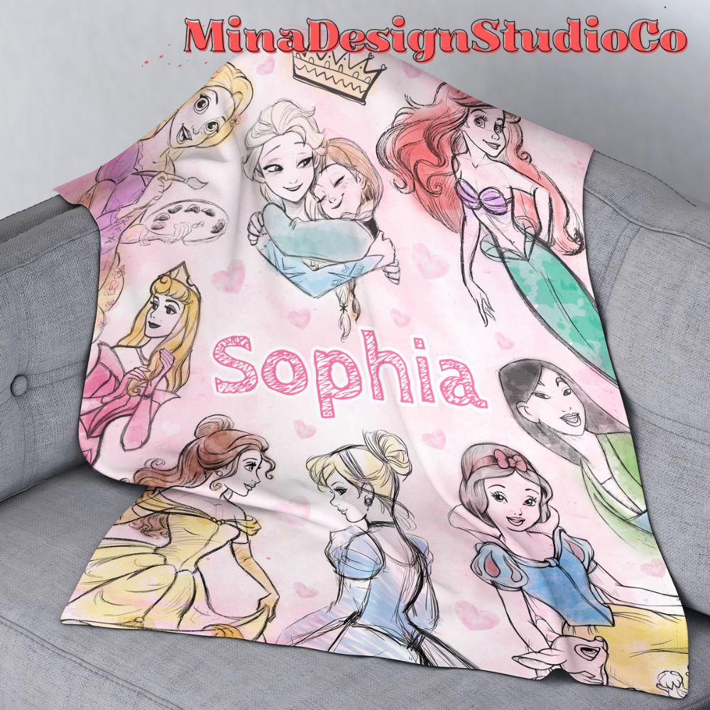 Personalized Watercolor Disney Princess Blanket, Princess Birthday Girl Gift Home Decoration, Cinderella Rapunzel Sketch Baby Girl Blanket