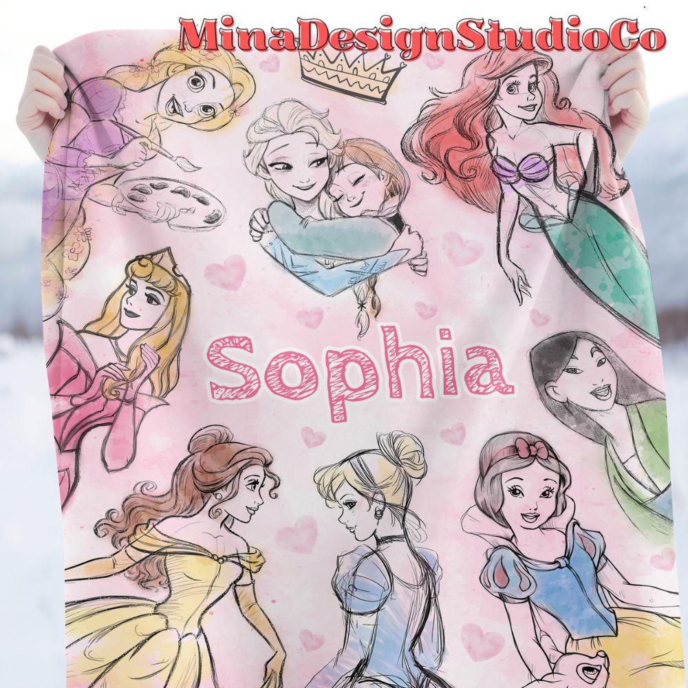 Personalized Watercolor Disney Princess Blanket, Princess Birthday Girl Gift Home Decoration, Cinderella Rapunzel Sketch Baby Girl Blanket