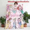 Personalized Watercolor Disney Princess Blanket, Princess Birthday Girl Gift Home Decoration, Cinderella Rapunzel Sketch Baby Girl Blanket