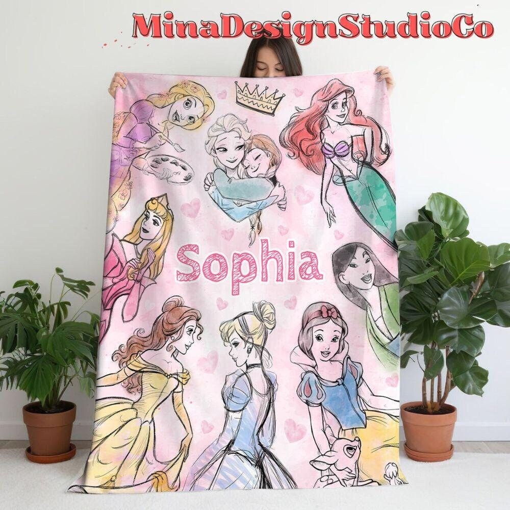 Personalized Watercolor Disney Princess Blanket, Princess Birthday Girl Gift Home Decoration, Cinderella Rapunzel Sketch Baby Girl Blanket