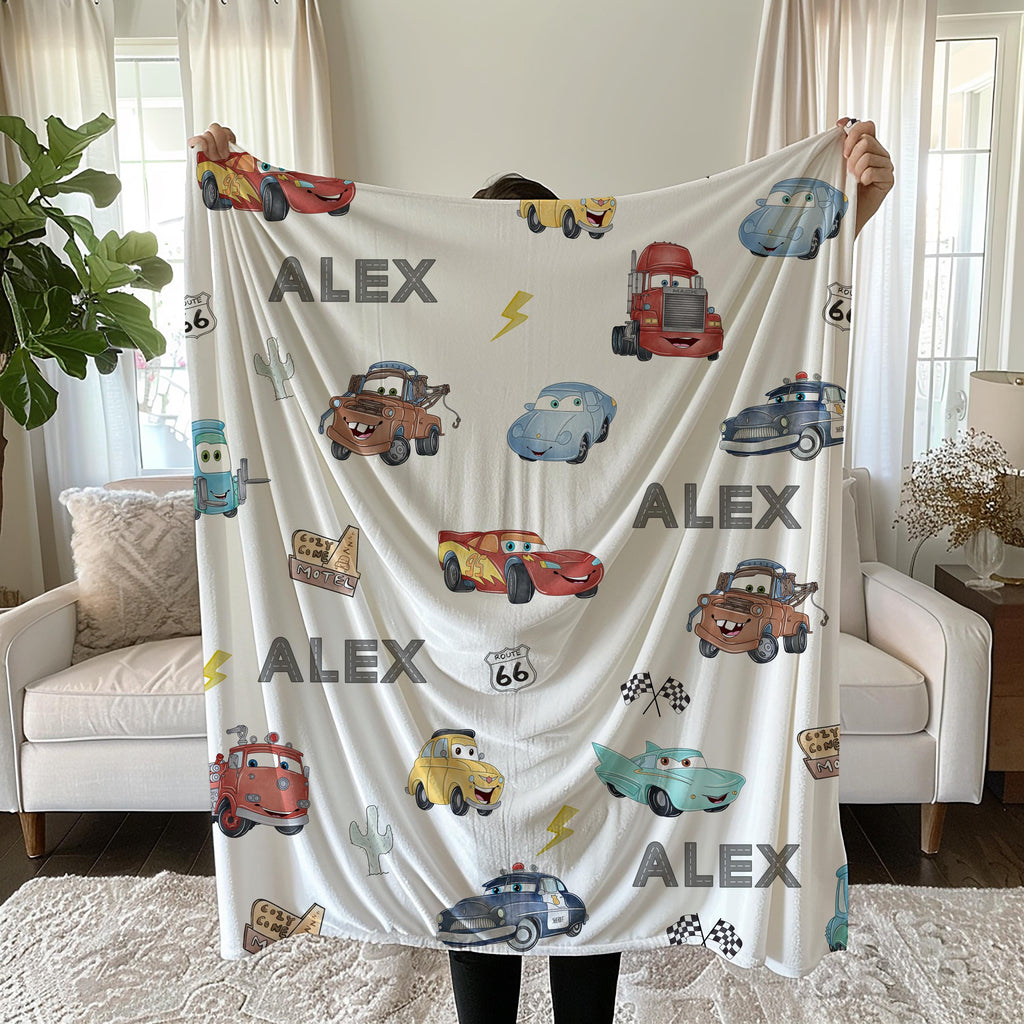 Route 66 Disney Cars Velveteen Plush Blanket - Personalized Lightning McQueen Tow Mater Friends, Custom Name Gift, Cozy Bedding, Kids Room