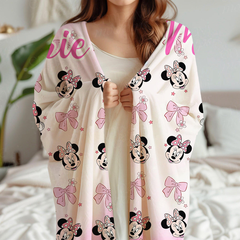 Personalized Minnie Coquette Bow Blanket, Pink Disney Minnie Blankets, Custom Kids Name gift, Magical Mouse blankets, Minnie Mouse Blankets