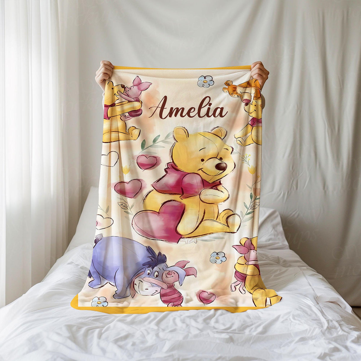 Personalized Watercolor Winnie The Pooh Blanket, Pooh and Friends Blankets, Custom Kids Name gift, Pooh Birthday blankets, Classic Pooh Bear