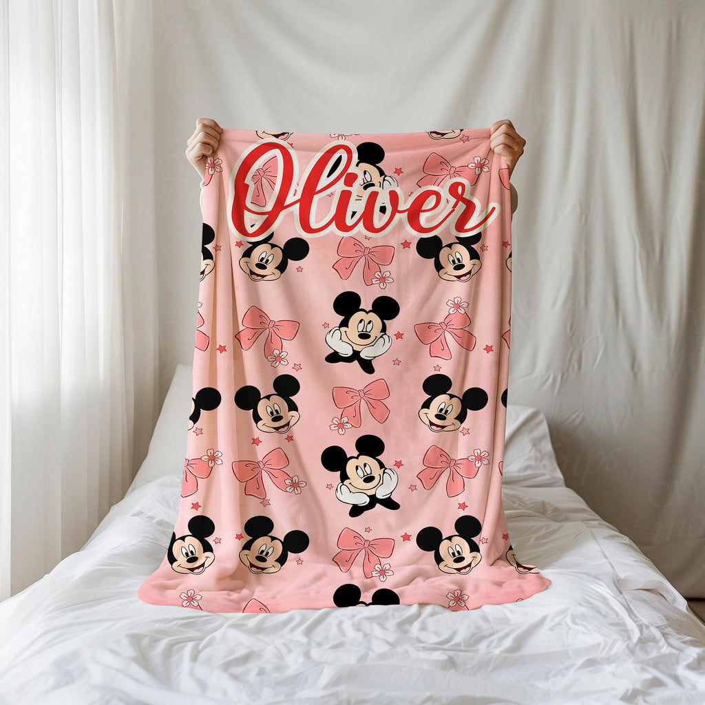 Mickey Coquette Bow Blanket, Personalized Pink Disney Mickey Blankets, Custom Kids Name gift, Magical Mouse blankets, Mickey Mouse Blankets