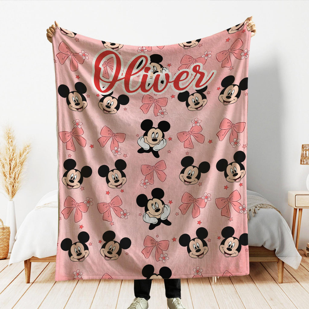 Mickey Coquette Bow Blanket, Personalized Pink Disney Mickey Blankets, Custom Kids Name gift, Magical Mouse blankets, Mickey Mouse Blankets
