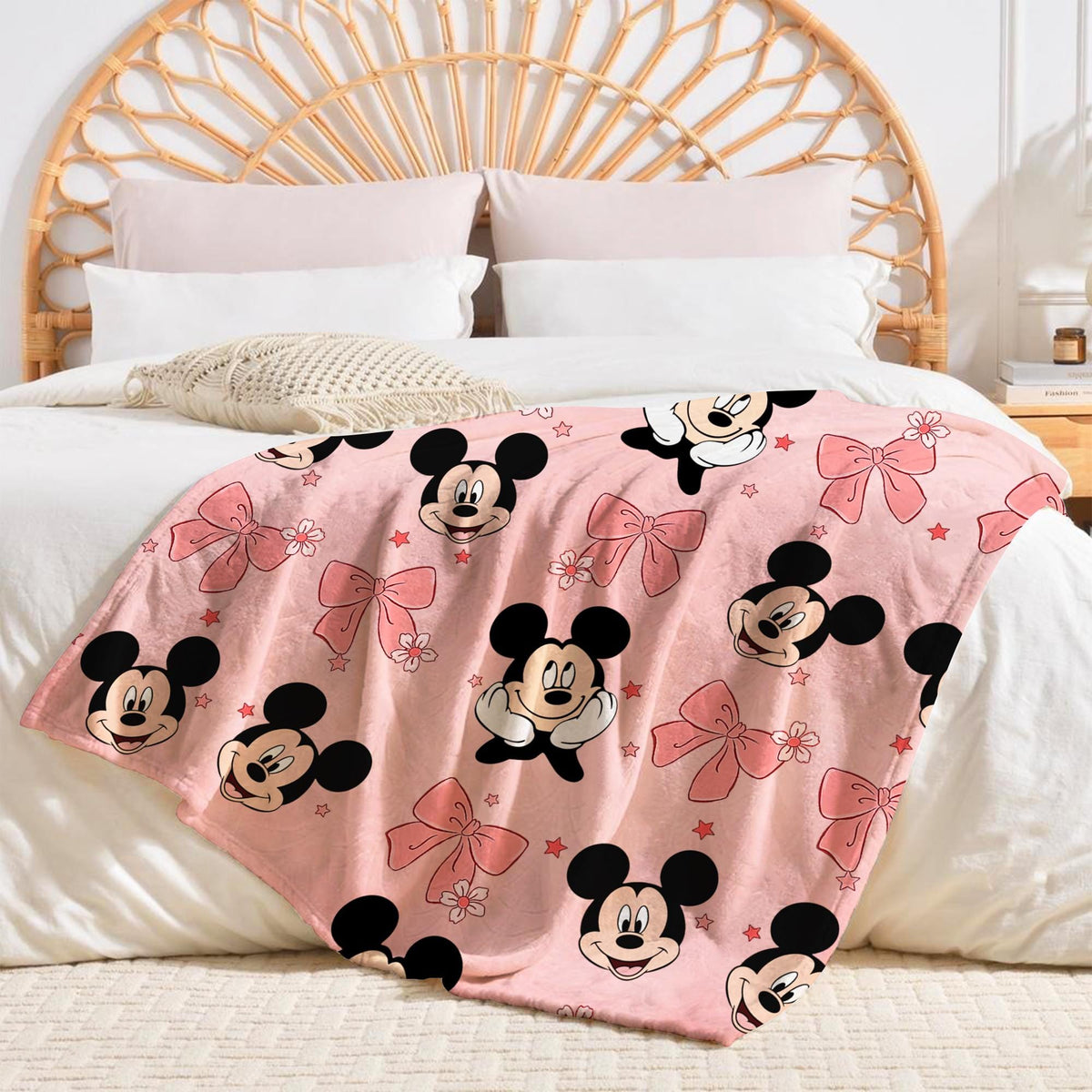Mickey Coquette Bow Blanket, Personalized Pink Disney Mickey Blankets, Custom Kids Name gift, Magical Mouse blankets, Mickey Mouse Blankets