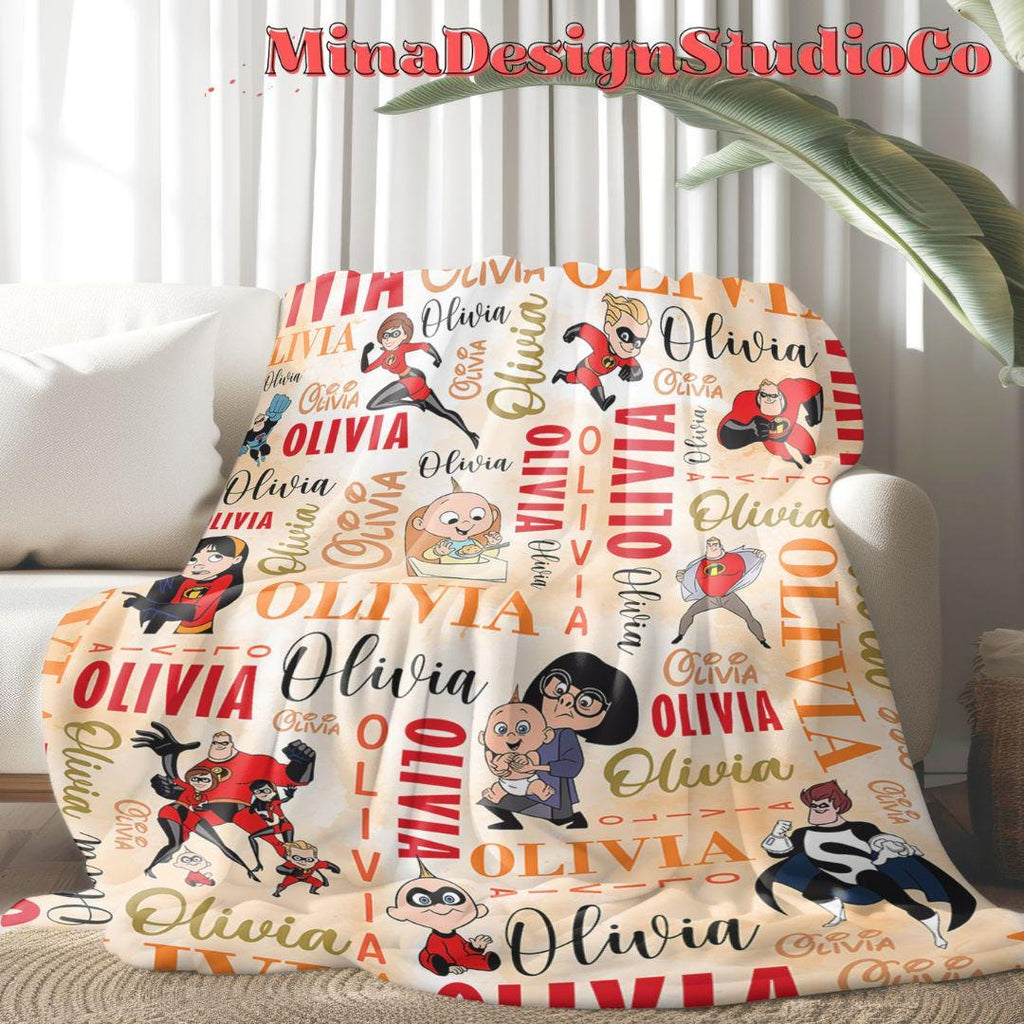 Personalized Watercolor Disney The Incredibles Blanket, Mr Incredible Elastigirl Violet Dash Jack Jack Family Birthday Boy/Girl Home Decor