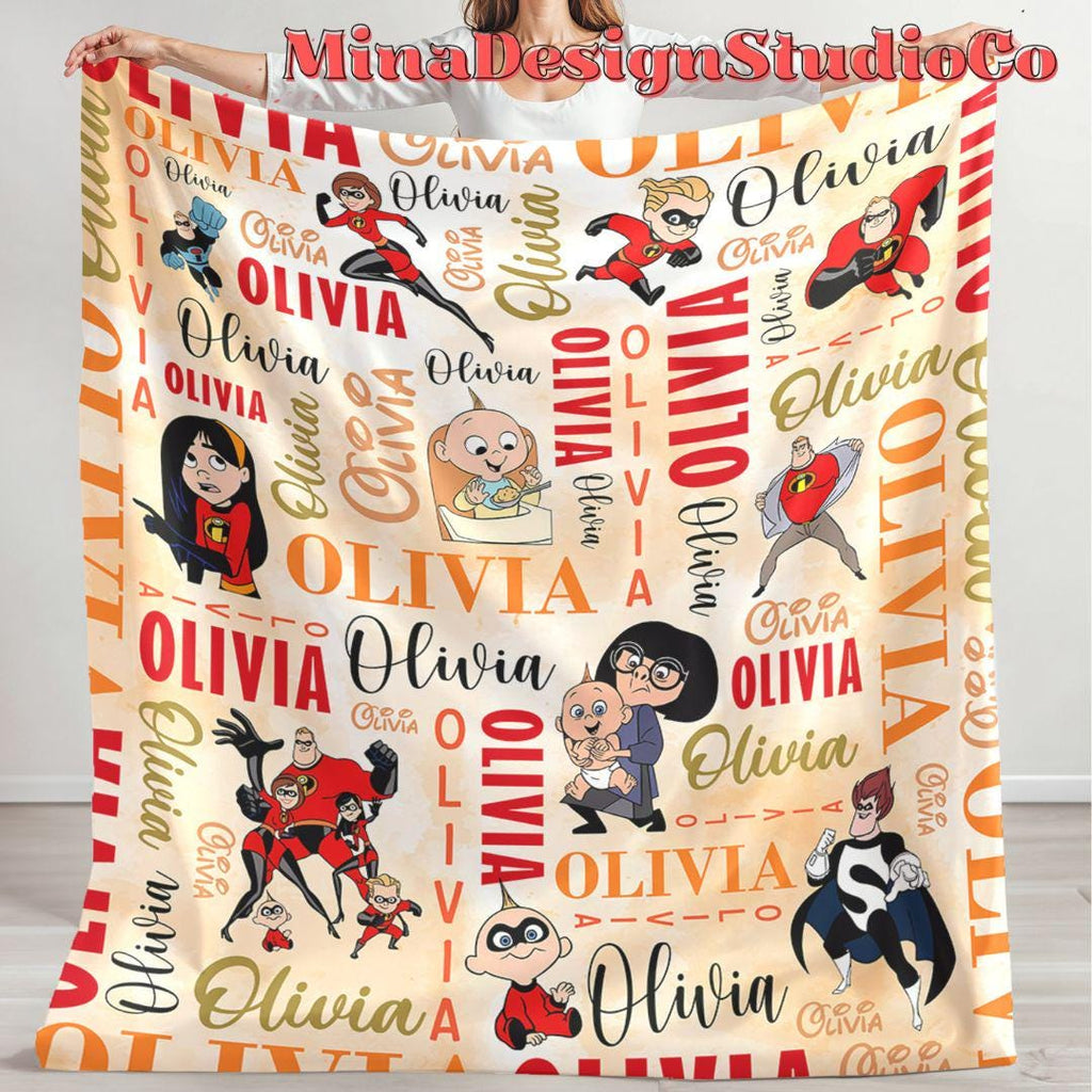 Personalized Watercolor Disney The Incredibles Blanket, Mr Incredible Elastigirl Violet Dash Jack Jack Family Birthday Boy/Girl Home Decor