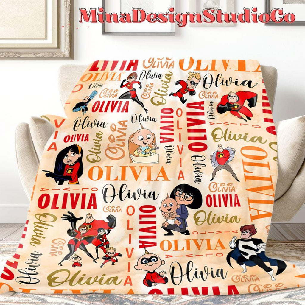 Personalized Watercolor Disney The Incredibles Blanket, Mr Incredible Elastigirl Violet Dash Jack Jack Family Birthday Boy/Girl Home Decor