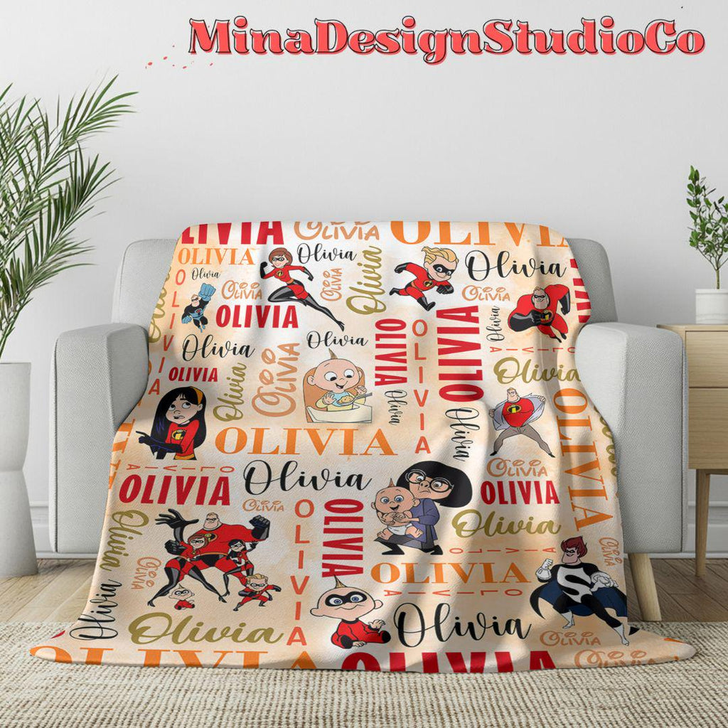 Personalized Watercolor Disney The Incredibles Blanket, Mr Incredible Elastigirl Violet Dash Jack Jack Family Birthday Boy/Girl Home Decor