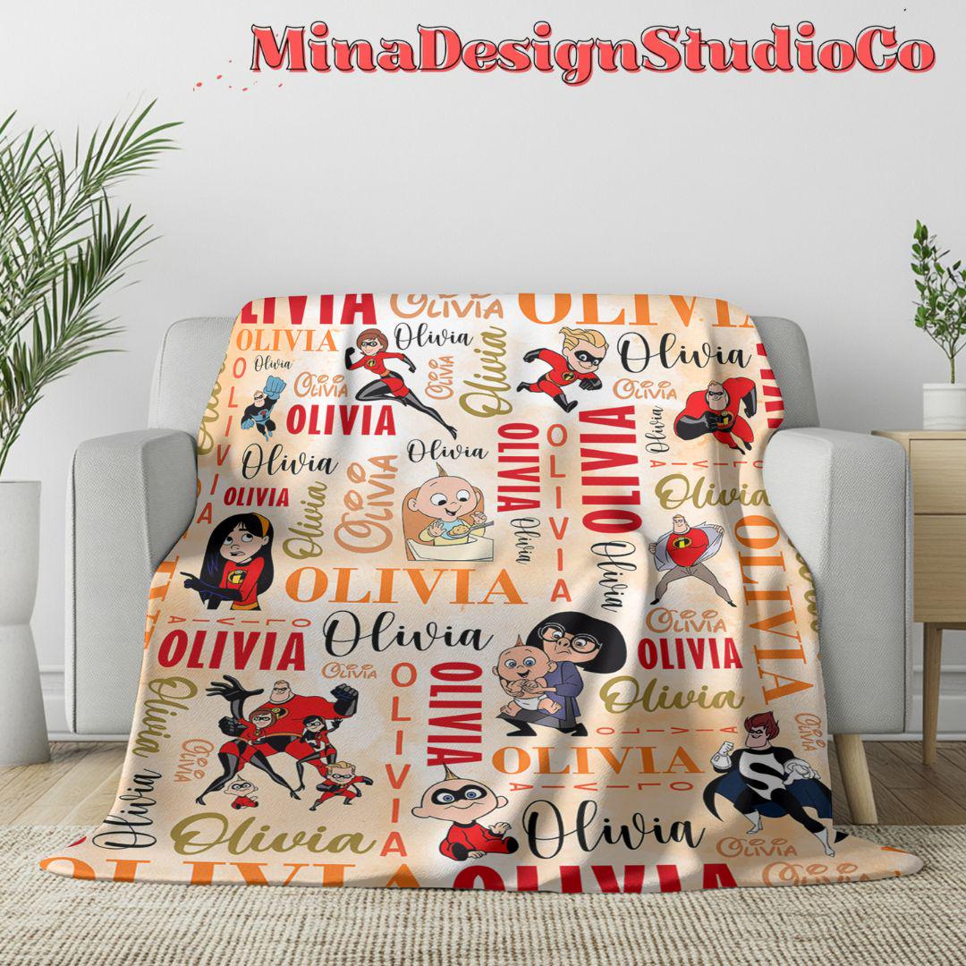 Personalized Watercolor Disney The Incredibles Blanket, Mr Incredible Elastigirl Violet Dash Jack Jack Family Birthday Boy/Girl Home Decor