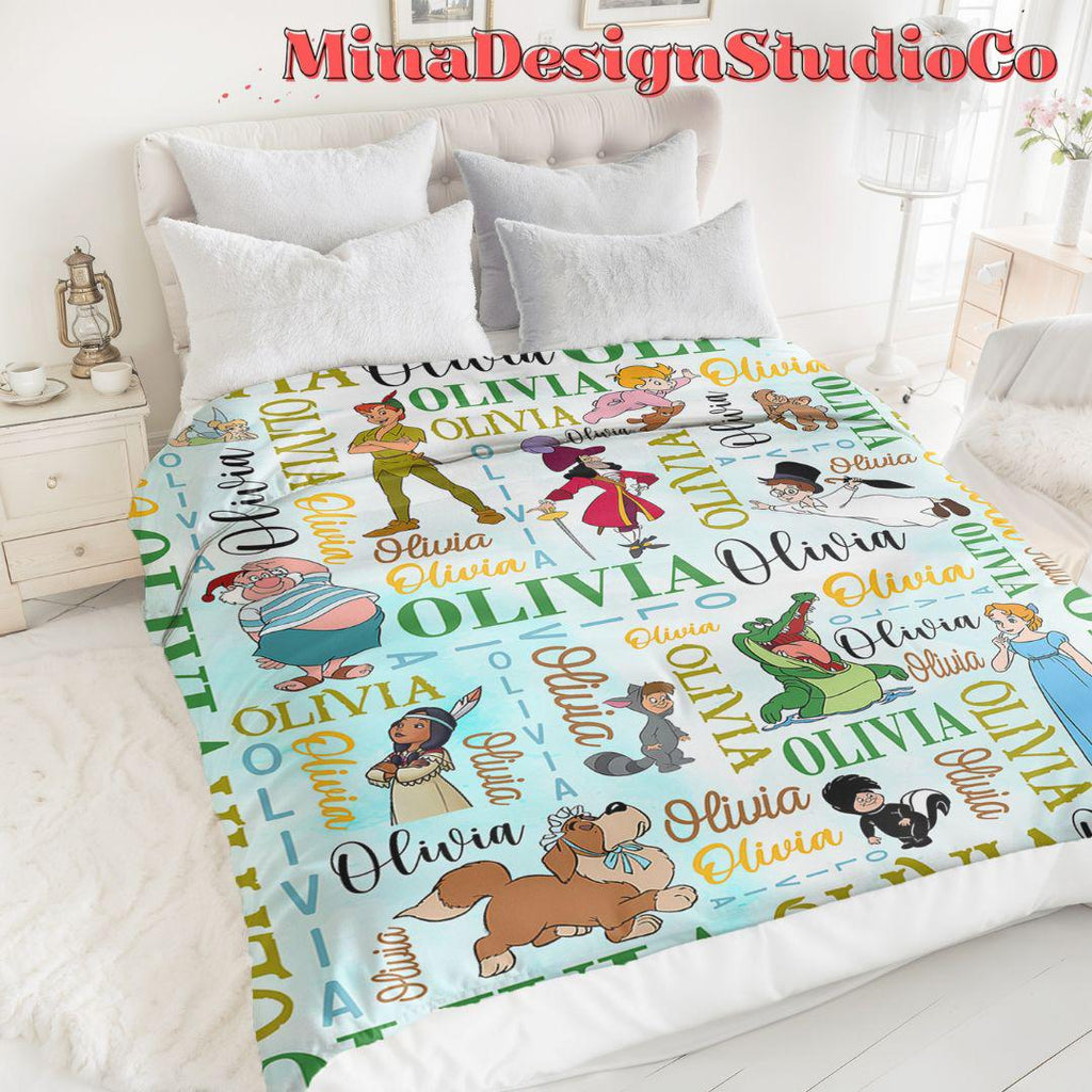 Personalized Watercolor Never Grow Up Disney Peter Pan Blanket, Peter Pan Wendy Tinker Bell Neverland, Captain Hook Pirate Family Home Decor