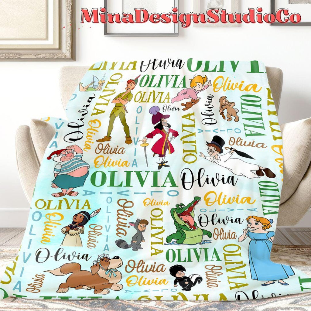 Personalized Watercolor Never Grow Up Disney Peter Pan Blanket, Peter Pan Wendy Tinker Bell Neverland, Captain Hook Pirate Family Home Decor