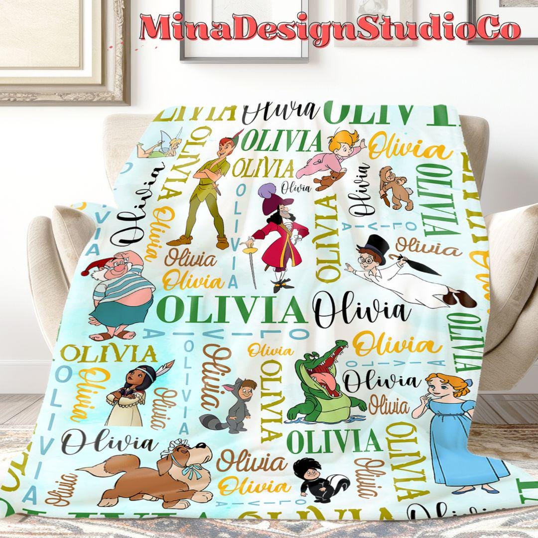 Personalized Watercolor Never Grow Up Disney Peter Pan Blanket, Peter Pan Wendy Tinker Bell Neverland, Captain Hook Pirate Family Home Decor