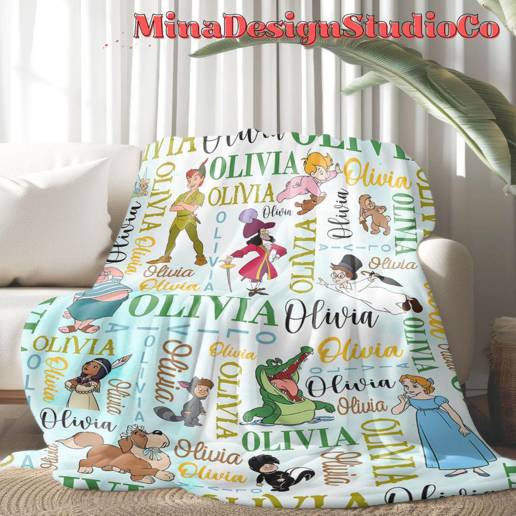 Personalized Watercolor Never Grow Up Disney Peter Pan Blanket, Peter Pan Wendy Tinker Bell Neverland, Captain Hook Pirate Family Home Decor