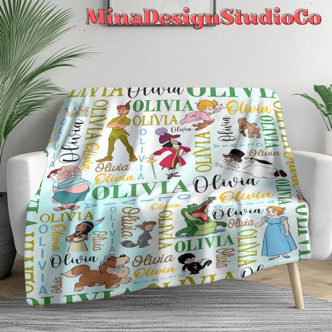 Personalized Watercolor Never Grow Up Disney Peter Pan Blanket, Peter Pan Wendy Tinker Bell Neverland, Captain Hook Pirate Family Home Decor