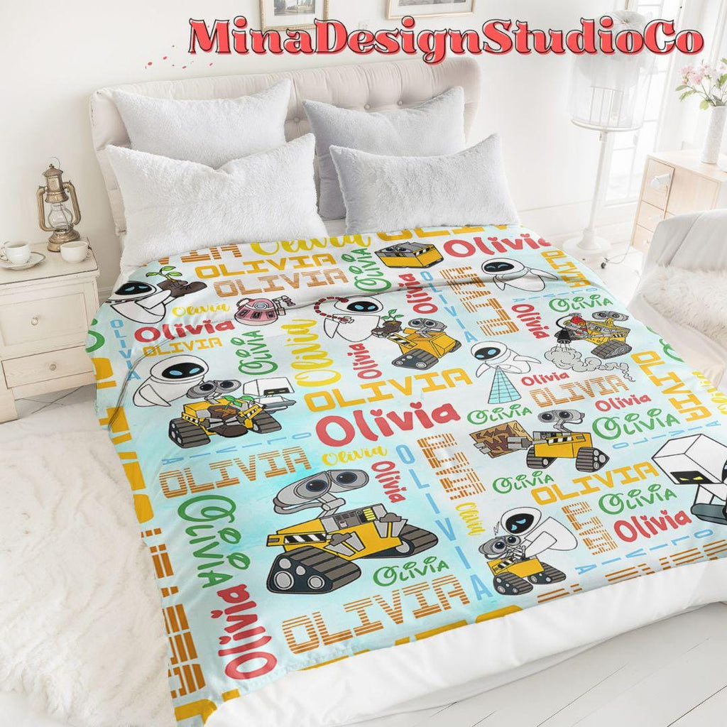 Personalized Watercolor Disney WALL E Blanket, Galaxy Robot EVE WALL E Couple Gift, Birthday Boy, Birthday Girl Blanket Family Home Decor