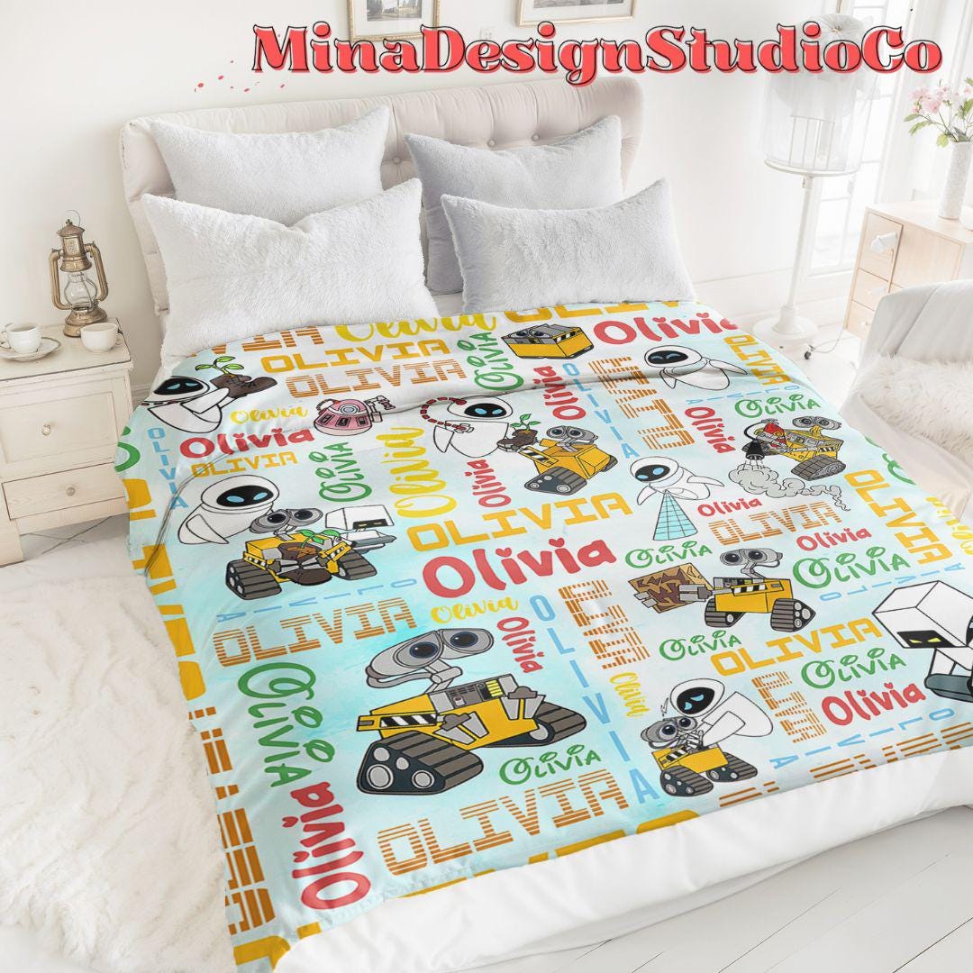 Personalized Watercolor Disney WALL E Blanket, Galaxy Robot EVE WALL E Couple Gift, Birthday Boy, Birthday Girl Blanket Family Home Decor