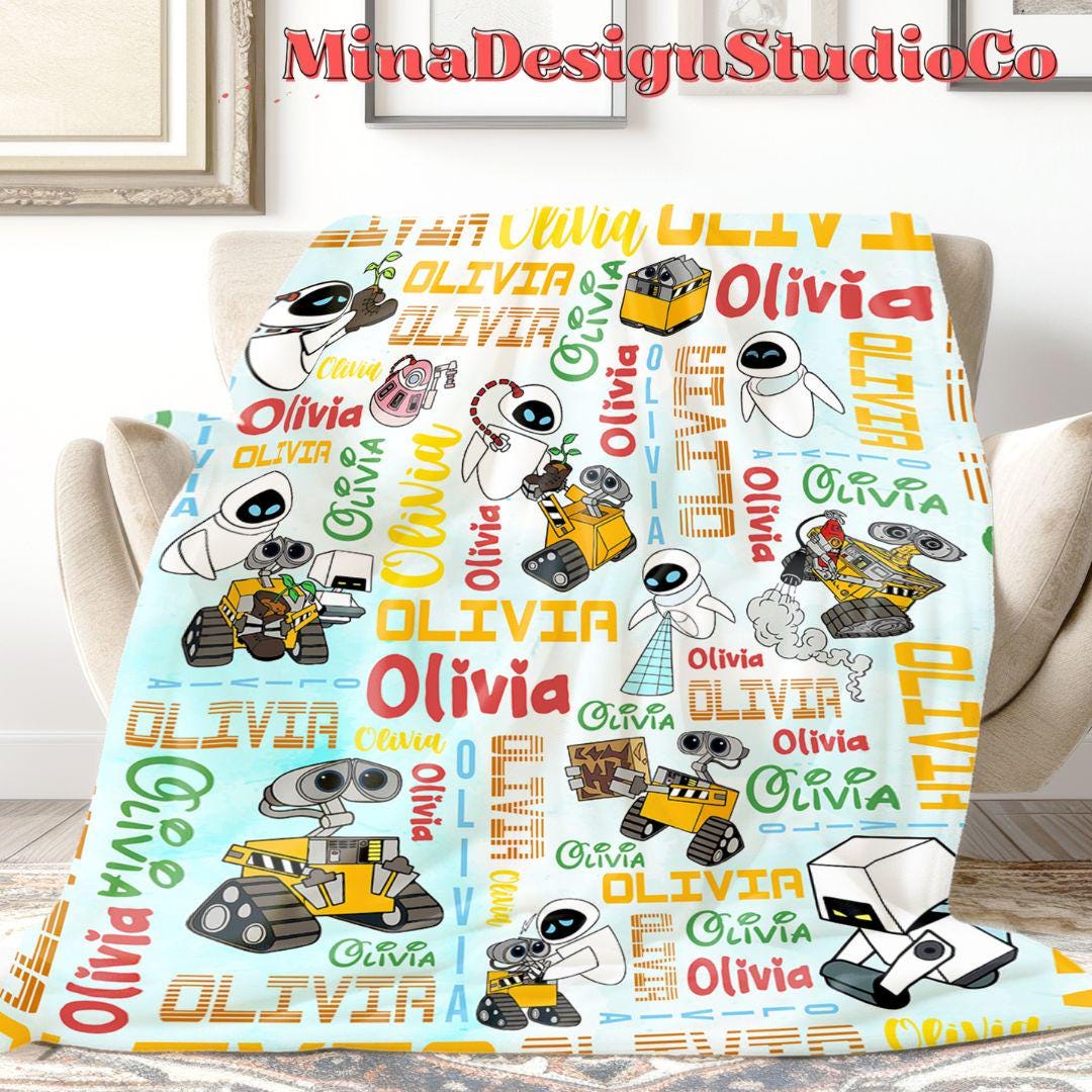 Personalized Watercolor Disney WALL E Blanket, Galaxy Robot EVE WALL E Couple Gift, Birthday Boy, Birthday Girl Blanket Family Home Decor