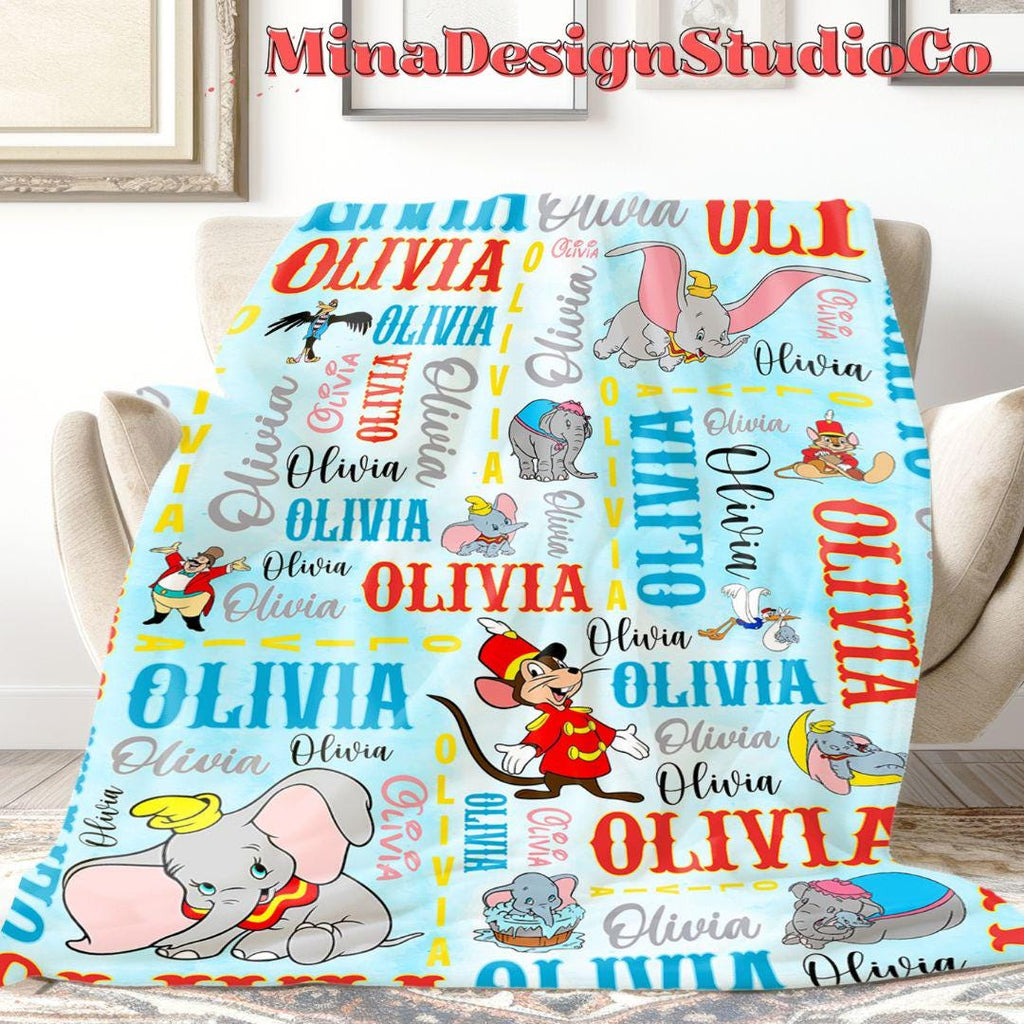 Personalized Watercolor Disney Dumbo Blanket, Cute Dumbo Flying Elephant Birthday Boy Gifts, Birthday Girl Blanket Family Home Decoration