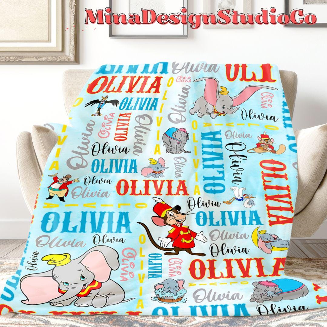 Personalized Watercolor Disney Dumbo Blanket, Cute Dumbo Flying Elephant Birthday Boy Gifts, Birthday Girl Blanket Family Home Decoration