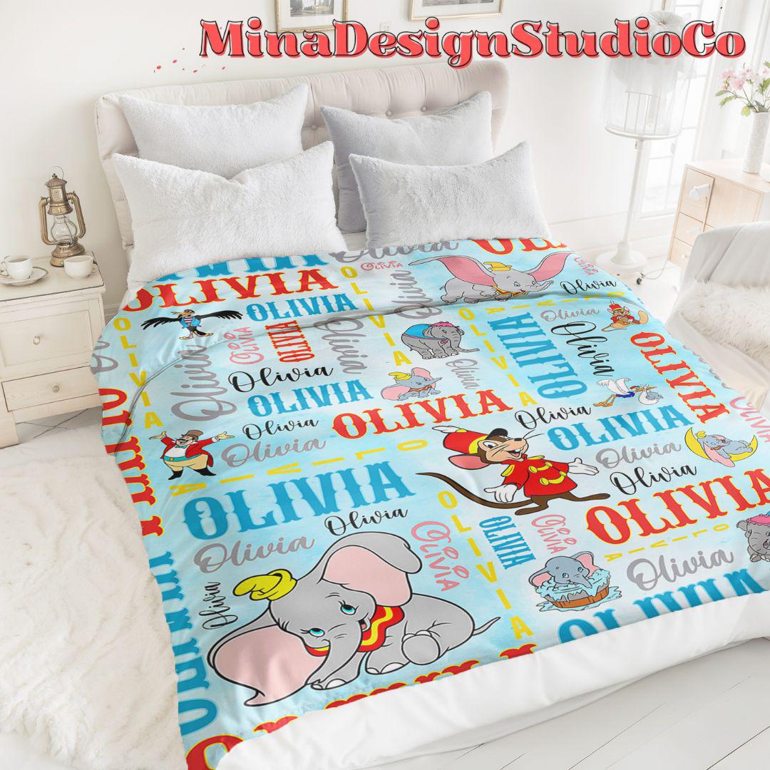 Personalized Watercolor Disney Dumbo Blanket, Cute Dumbo Flying Elephant Birthday Boy Gifts, Birthday Girl Blanket Family Home Decoration