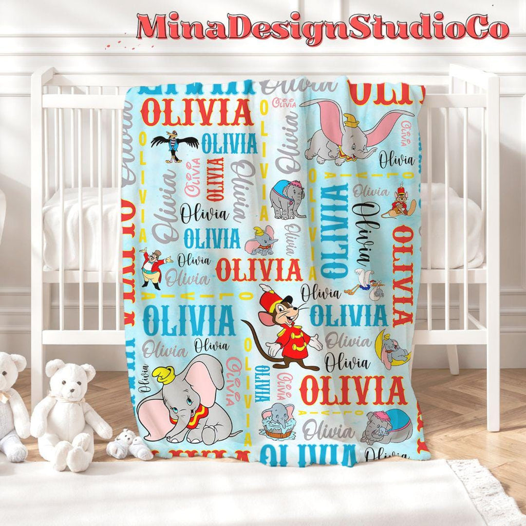 Personalized Watercolor Disney Dumbo Blanket, Cute Dumbo Flying Elephant Birthday Boy Gifts, Birthday Girl Blanket Family Home Decoration