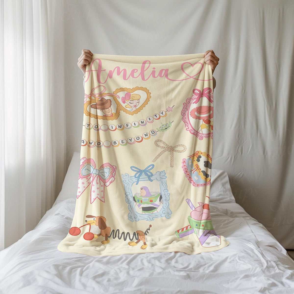 Personalized Coquette Disney Toy Story Blanket, Custom Kids Name gift, Woody Buzz Lightyear Jessie Toy Story Blankets, Bow Toy Story blanket
