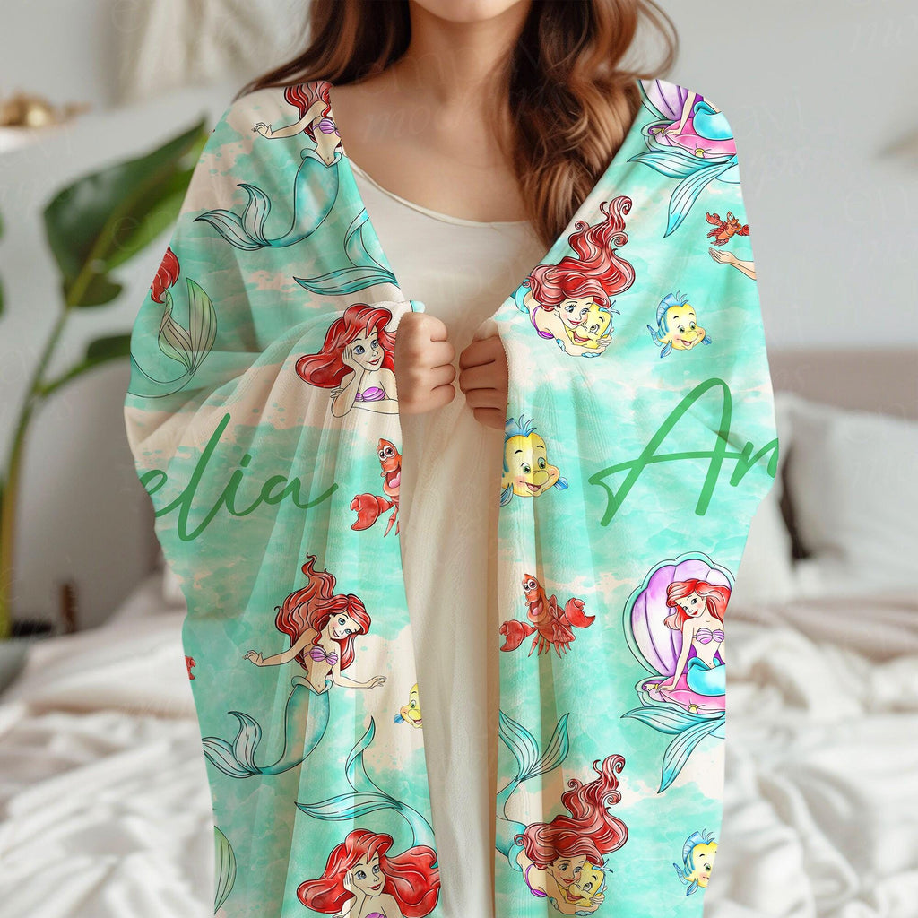 Personalized Little Mermaid Blanket, Custom Name gift, Ariel Princess Blanket, Disney Princess Blankets, Mermaid Throw, Disney Ariel Blanket