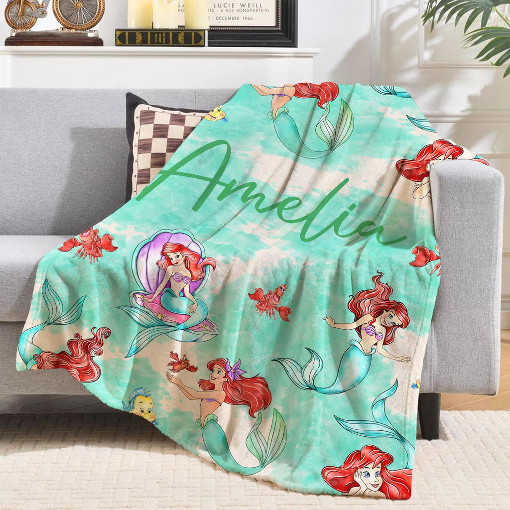 Personalized Little Mermaid Blanket, Custom Name gift, Ariel Princess Blanket, Disney Princess Blankets, Mermaid Throw, Disney Ariel Blanket